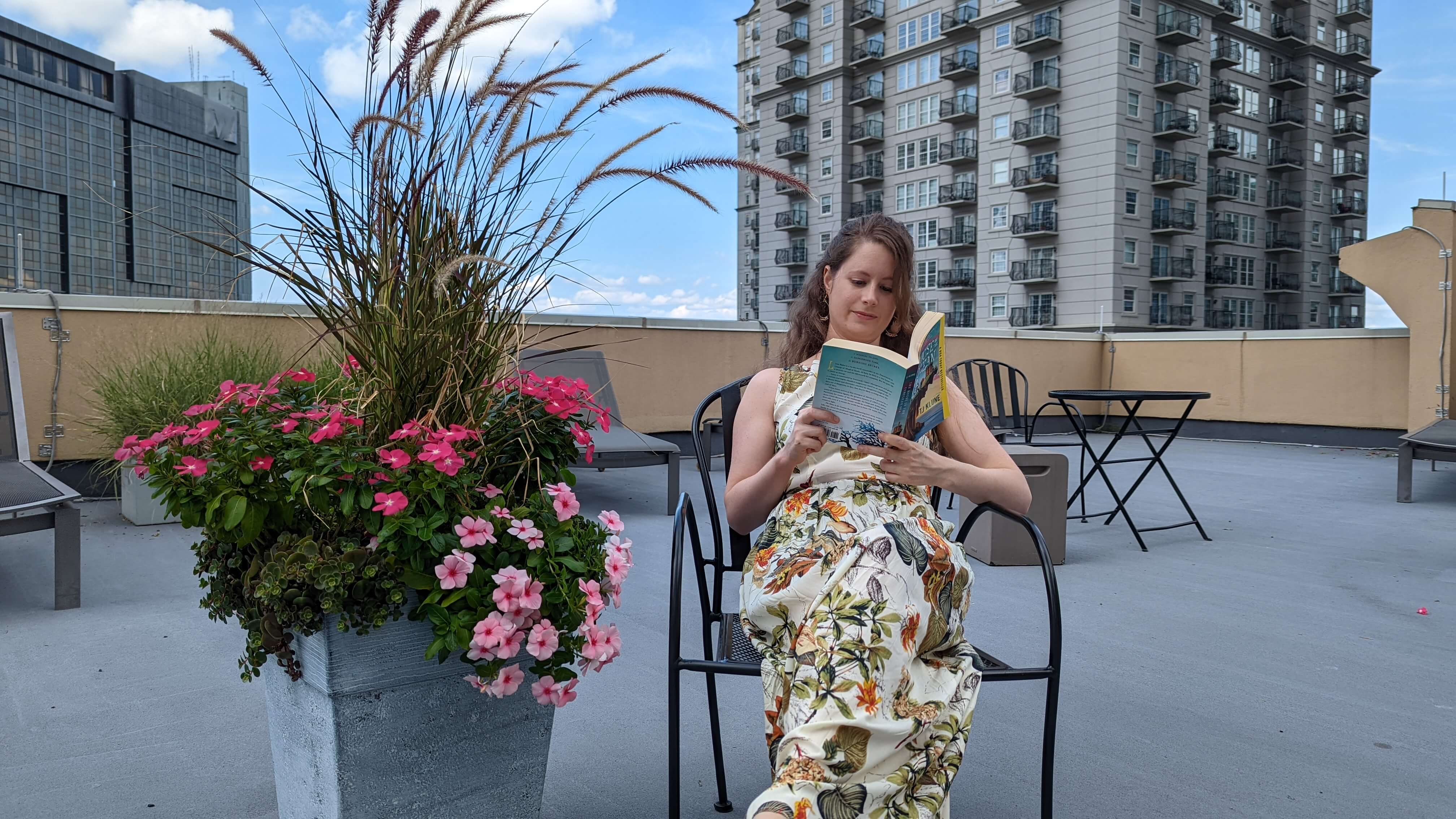 Reading on a rooftop